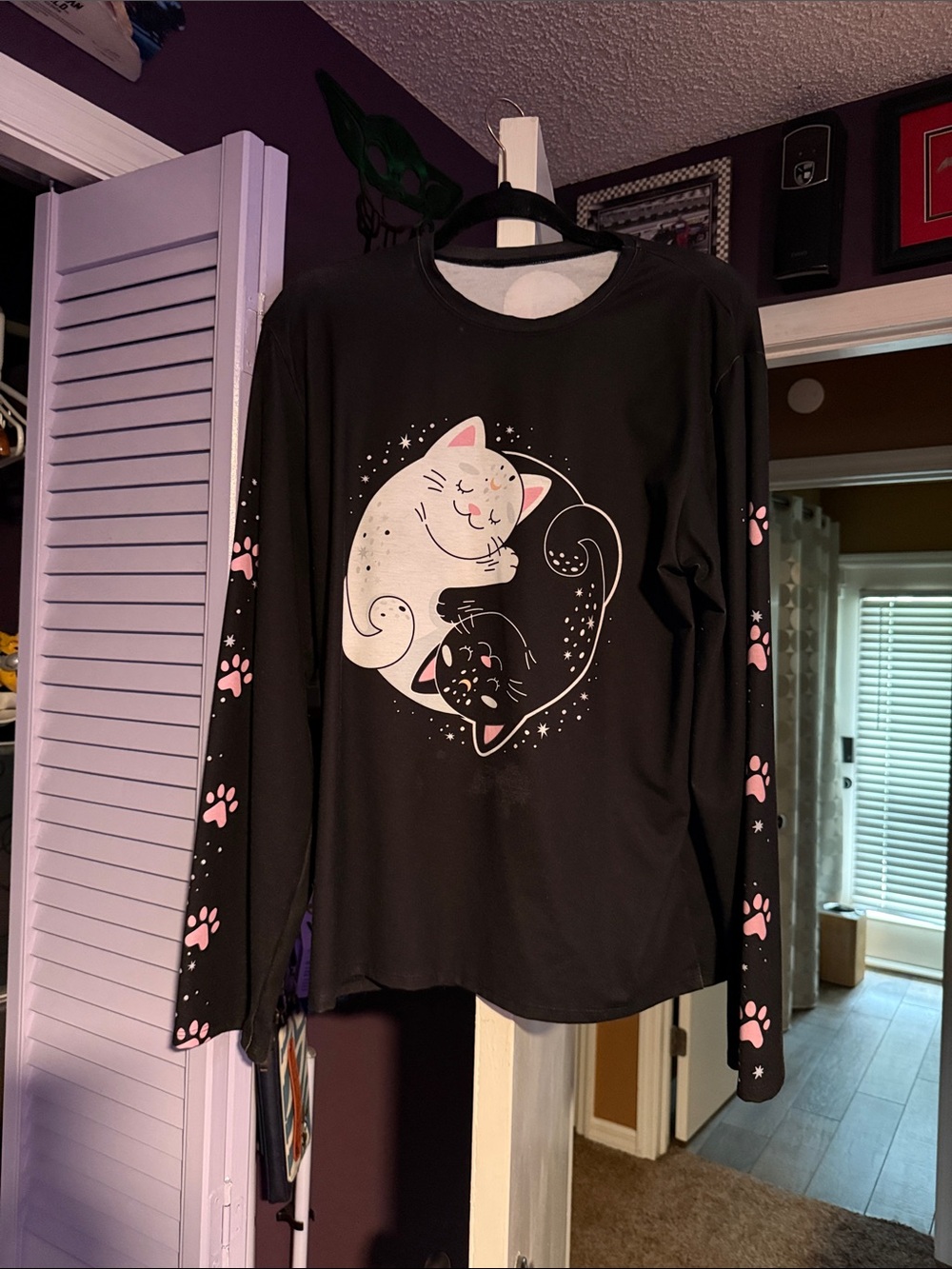 Blackmilk Black Long-Sleeve Top with Pink & White Cat Yin Yang Print